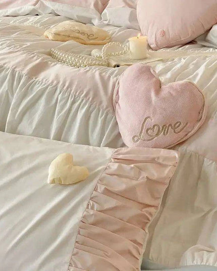 Adorable Heart-Shaped Washed Cotton Bedding Set - 4/5 Piece Duvet Cover, Sheet & Pillowcases for Girls