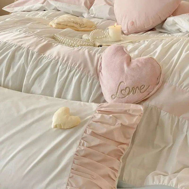Adorable Heart-Shaped Washed Cotton Bedding Set - 4/5 Piece Duvet Cover, Sheet & Pillowcases for Girls