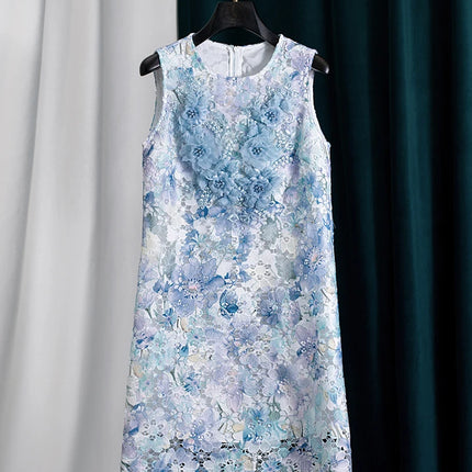 Blue Floral Water Soluble Lace Dress Women Summer Sleeveless O Neck Slim Elegant Tank Dress blue-floral-water-soluble-lace-dress-women-summer-sleeveless-o-neck-slim-elegant-tank-dress