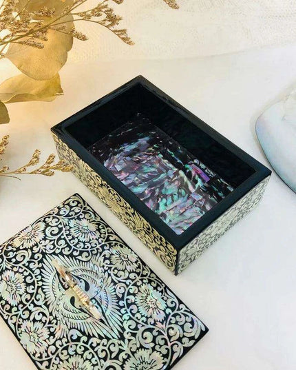 Artisan Mother of Pearl Crane Keepsake Box with Wooden Accents