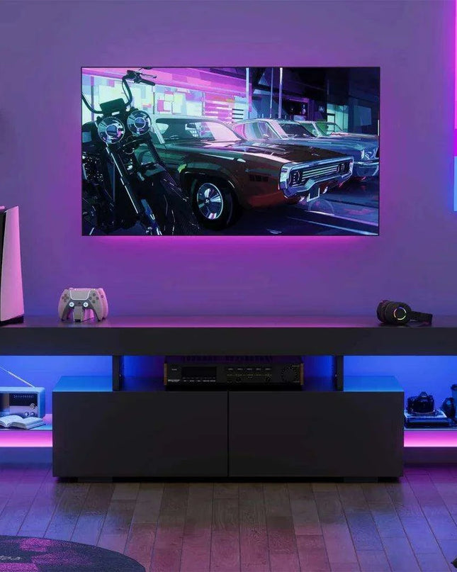 Sleek LED-Illuminated TV Stand with Glass Shelves and Storage, Fits TVs up to 70 Inches