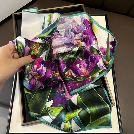 Silk Floral Print Square Scarf - Women's Luxury Neckerchief & Shawl