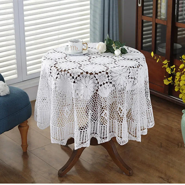 Nordic Lace Crochet Tablecloth — Elegant Pastoral Table Cover, Round