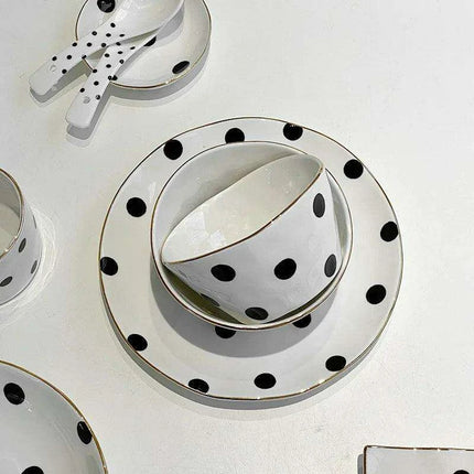 Elegant Gold-Trimmed Polka Dot Ceramic Dining Set for Sophisticated Entertaining