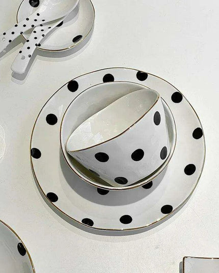 Elegant Gold-Trimmed Polka Dot Ceramic Dining Set for Sophisticated Entertaining