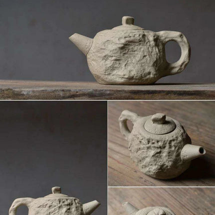 Artisanal Rustic Ceramic Teapot and Teacup Set with Hard Stone Finish