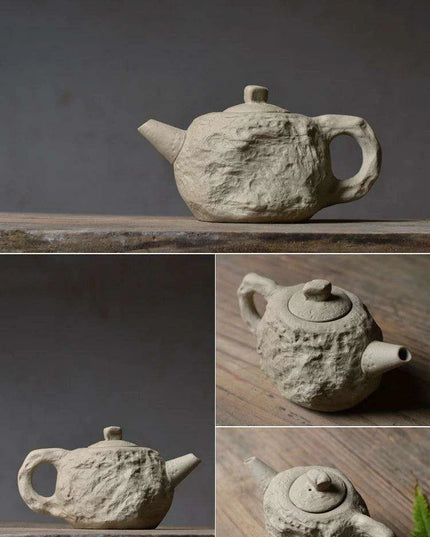 Artisanal Rustic Ceramic Teapot and Teacup Set with Hard Stone Finish