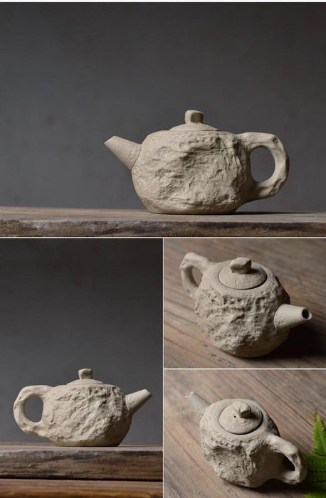 Artisanal Rustic Ceramic Teapot and Teacup Set with Hard Stone Finish