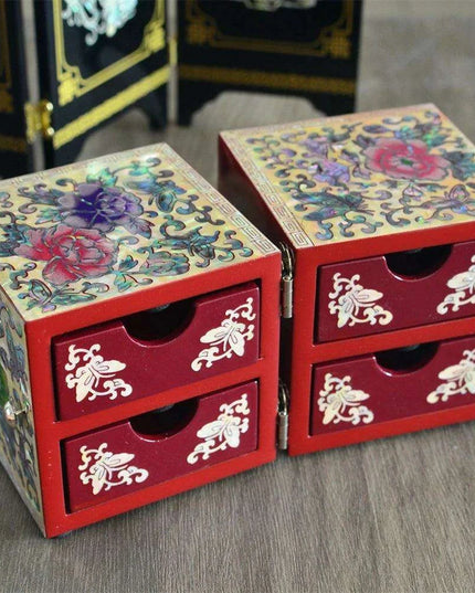 Opulent Mother of Pearl Jewelry Organizer with Butterfly and Peony Design - 4 Spacious Drawers