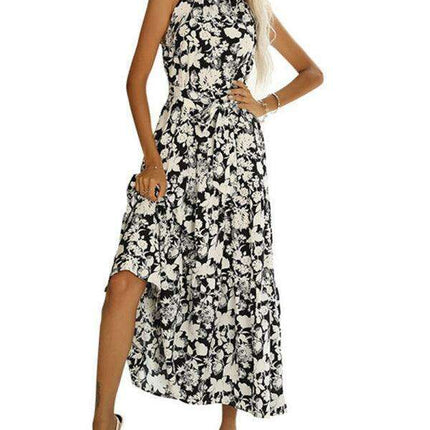 Sensual French Halter Neck Printed Summer Dress with Slit Detail - Très Elite