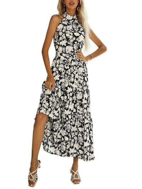 Sensual French Halter Neck Printed Summer Dress with Slit Detail