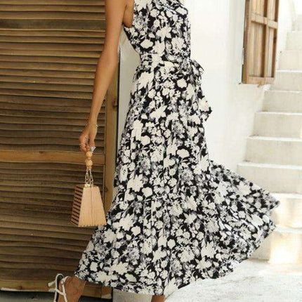 Sensual French Halter Neck Printed Summer Dress with Slit Detail - Très Elite
