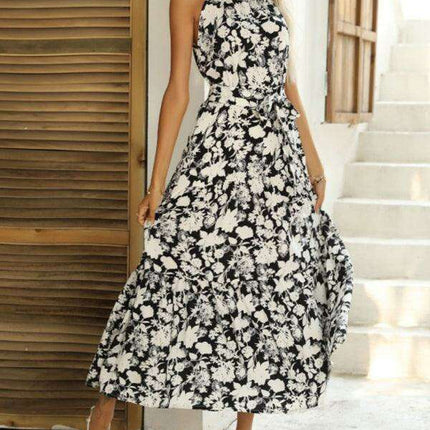 Sensual French Halter Neck Printed Summer Dress with Slit Detail - Très Elite