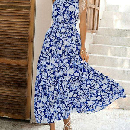 Sensual French Halter Neck Printed Summer Dress with Slit Detail - Très Elite