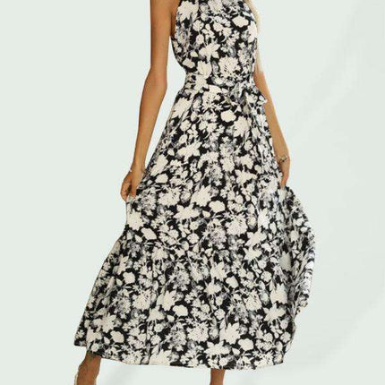 Sensual French Halter Neck Printed Summer Dress with Slit Detail