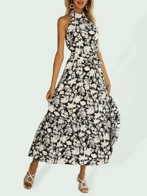 Sensual French Halter Neck Printed Summer Dress with Slit Detail
