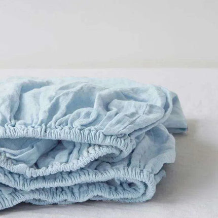 Elegant 100% Linen Fitted Sheet in Soft Sky Blue and Purple Gray