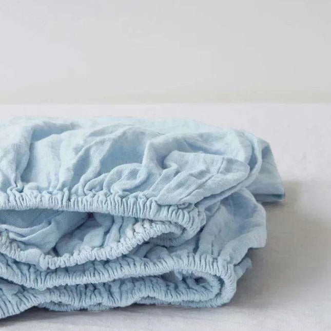 Serene Linen Fitted Sheet in Tranquil Sky Blue and Modern Purple Gray