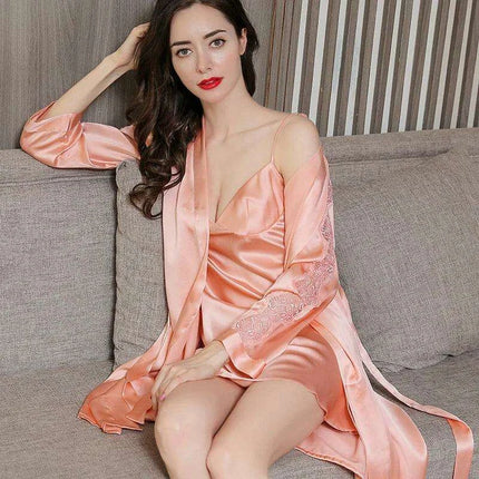 Serenity Evening: Opulent Mulberry Silk Nightwear Set with Graceful Lace Sleeves - Très Elite