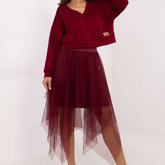 Set 203815 Elegant Red V Neck Blouse and Tulle Midi Dress