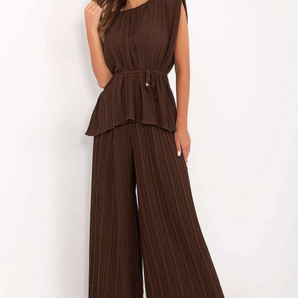 Set 215405 Pleated Sleeveless Blouse And Wide Leg Trousers - Très Elite