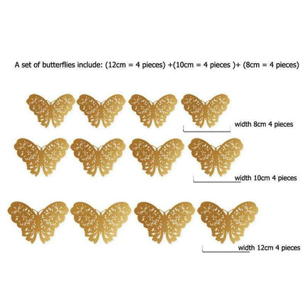 Set of 12 Elegant 3D Butterfly Wall Stickers - Self-Adhesive Decorative Accents in Gold and Silver for Home and Event Decor - Très Elite
