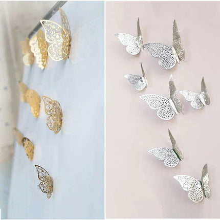 Set of 12 Elegant 3D Butterfly Wall Stickers - Self-Adhesive Decorative Accents in Gold and Silver for Home and Event Decor - Très Elite