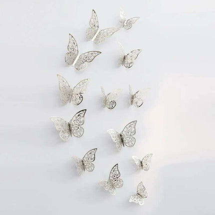 Set of 12 Elegant 3D Butterfly Wall Stickers - Self-Adhesive Decorative Accents in Gold and Silver for Home and Event Decor..