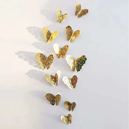 Set of 12 Elegant 3D Butterfly Wall Stickers - Self-Adhesive Decorative Accents in Gold and Silver for Home and Event Decor..