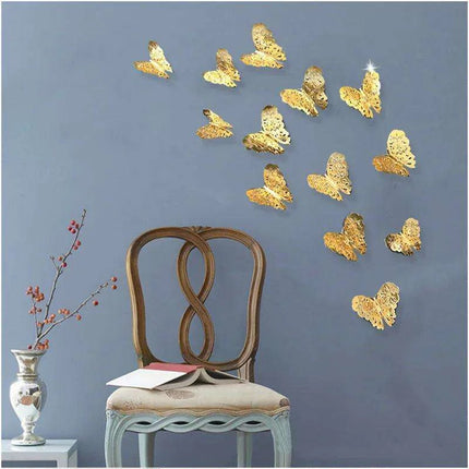 Set of 12 Elegant 3D Butterfly Wall Stickers - Self-Adhesive Decorative Accents in Gold and Silver for Home and Event Decor - Très Elite