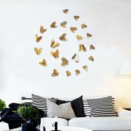 Set of 12 Elegant 3D Butterfly Wall Stickers - Self-Adhesive Decorative Accents in Gold and Silver for Home and Event Decor - Très Elite