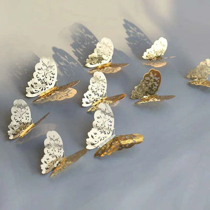 Set of 12 Elegant 3D Butterfly Wall Stickers - Self-Adhesive Decorative Accents in Gold and Silver for Home and Event Decor - Très Elite