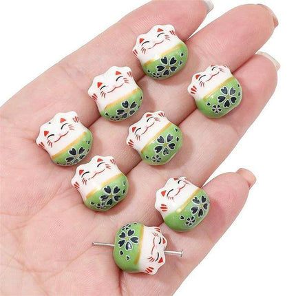 Set of 2 Artisan 14mm Ceramic Lucky Cat Charms for Creative Jewelry Designs - Très Elite