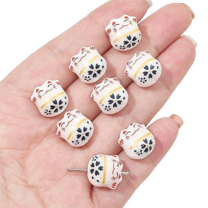 Set of 2 Artisan 14mm Ceramic Lucky Cat Charms for Creative Jewelry Designs.