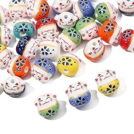 Set of 2 Artisan 14mm Ceramic Lucky Cat Charms for Creative Jewelry Designs - Très Elite