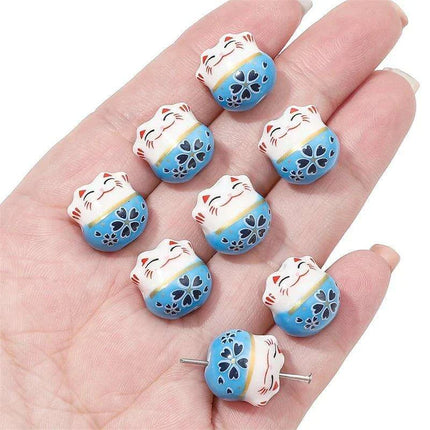 Set of 2 Artisan 14mm Ceramic Lucky Cat Charms for Creative Jewelry Designs - Très Elite