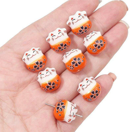 Set of 2 Artisan 14mm Ceramic Lucky Cat Charms for Creative Jewelry Designs - Très Elite