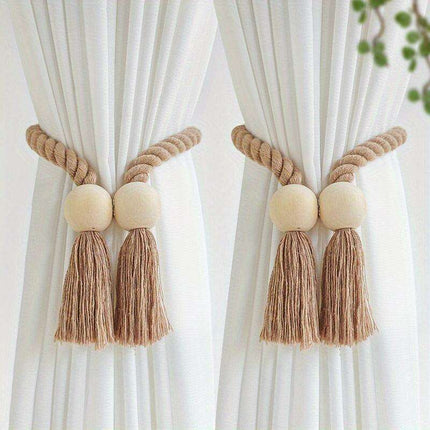 Set of 2 Elegant Magnetic Curtain Tiebacks with Wooden Tassels for Stylish Home Decor - Très Elite