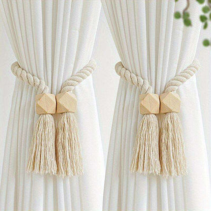Set of 2 Elegant Magnetic Curtain Tiebacks with Wooden Tassels for Stylish Home Decor - Très Elite