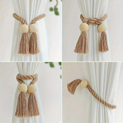 Set of 2 Elegant Magnetic Curtain Tiebacks with Wooden Tassels for Stylish Home Decor - Très Elite