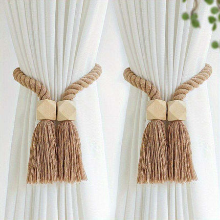 Set of 2 Elegant Magnetic Curtain Tiebacks with Wooden Tassels for Stylish Home Decor - Très Elite