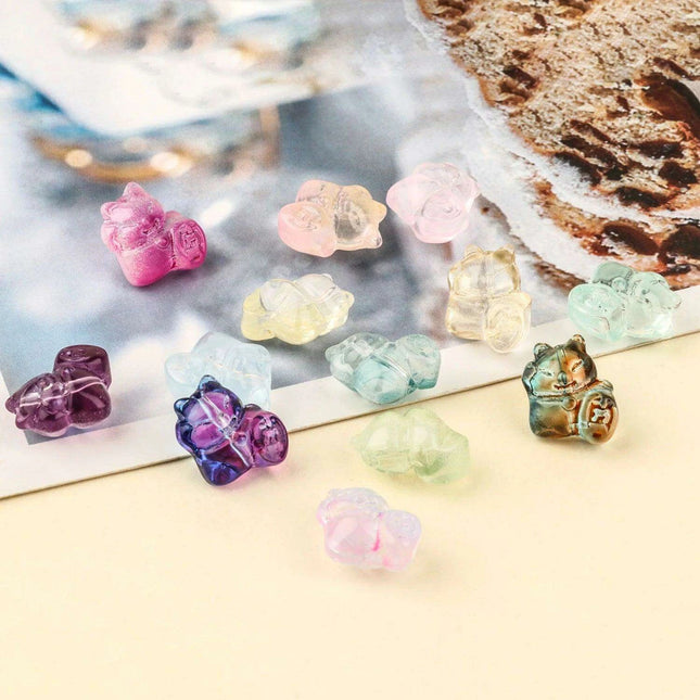 Set of 20 Colorful Lucky Cat Lampwork Glass Beads for Creative Jewelry Design - 13x14MM Decorative Spacers