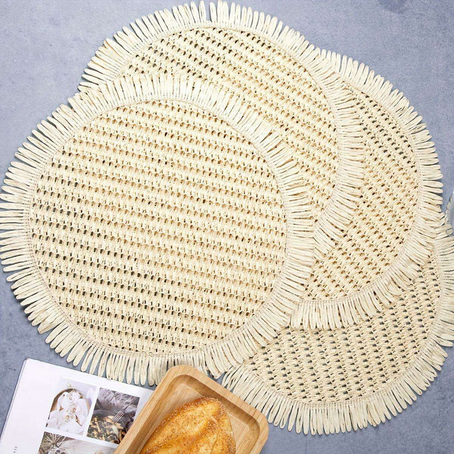 Set of 4 Rustic Bohemian Jute Round Placemats with Fringe for Stylish Dining Decor