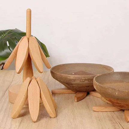 Set of 4 - Walnut Wood Tree-Shaped Heat-Resistant Trivet Set - Très Elite
