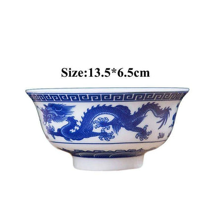 Set of 6 Elegant Blue and White Porcelain Ramen Bowls Featuring Vintage Chinese Dragon Design - Très Elite