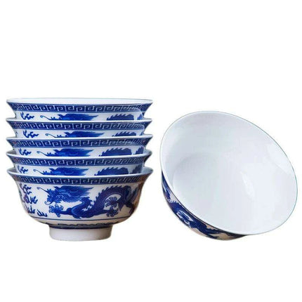 Set of 6 Elegant Blue and White Porcelain Ramen Bowls Featuring Vintage Chinese Dragon Design - Très Elite