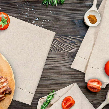 Set of 6 Luxurious Hemstitched Linen Napkins with Nature-Inspired Motifs - Flax Fabric for Elegant Dining - Très Elite