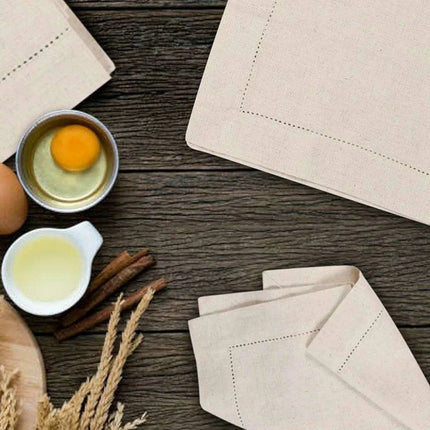 Set of 6 Luxurious Hemstitched Linen Napkins with Nature-Inspired Motifs - Flax Fabric for Elegant Dining - Très Elite