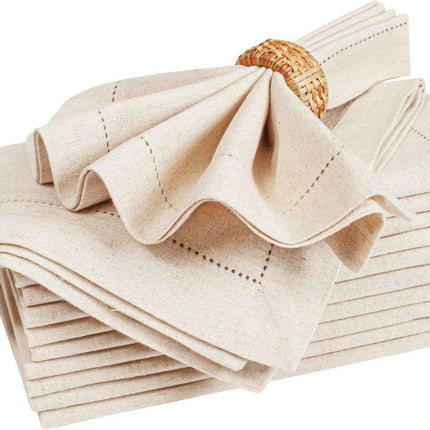 Set of 6 Luxurious Hemstitched Linen Napkins with Nature-Inspired Motifs - Flax Fabric for Elegant Dining - Très Elite