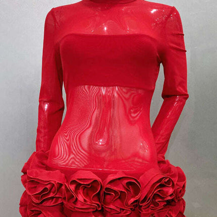 Sexy see-through mesh flower bud skirt ultra-short red dress sexy hot birthday party dress - Très Elite